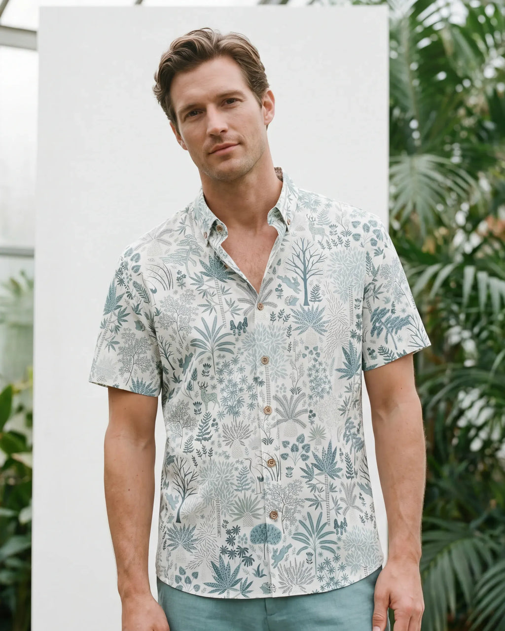 Men's Hawaiian Shirt Short Sleeve Button-down 100% Cotton Blue Aloha Whispering Forest Tales By Cigar