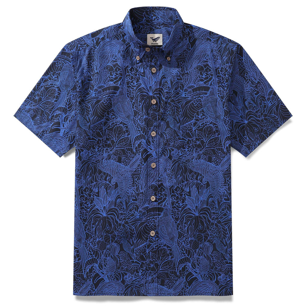 Dark Blue Tropical Hawaiian Shirt For Men Short Sleeve Button-down Shirt 100% Cotton Shirt By Sun