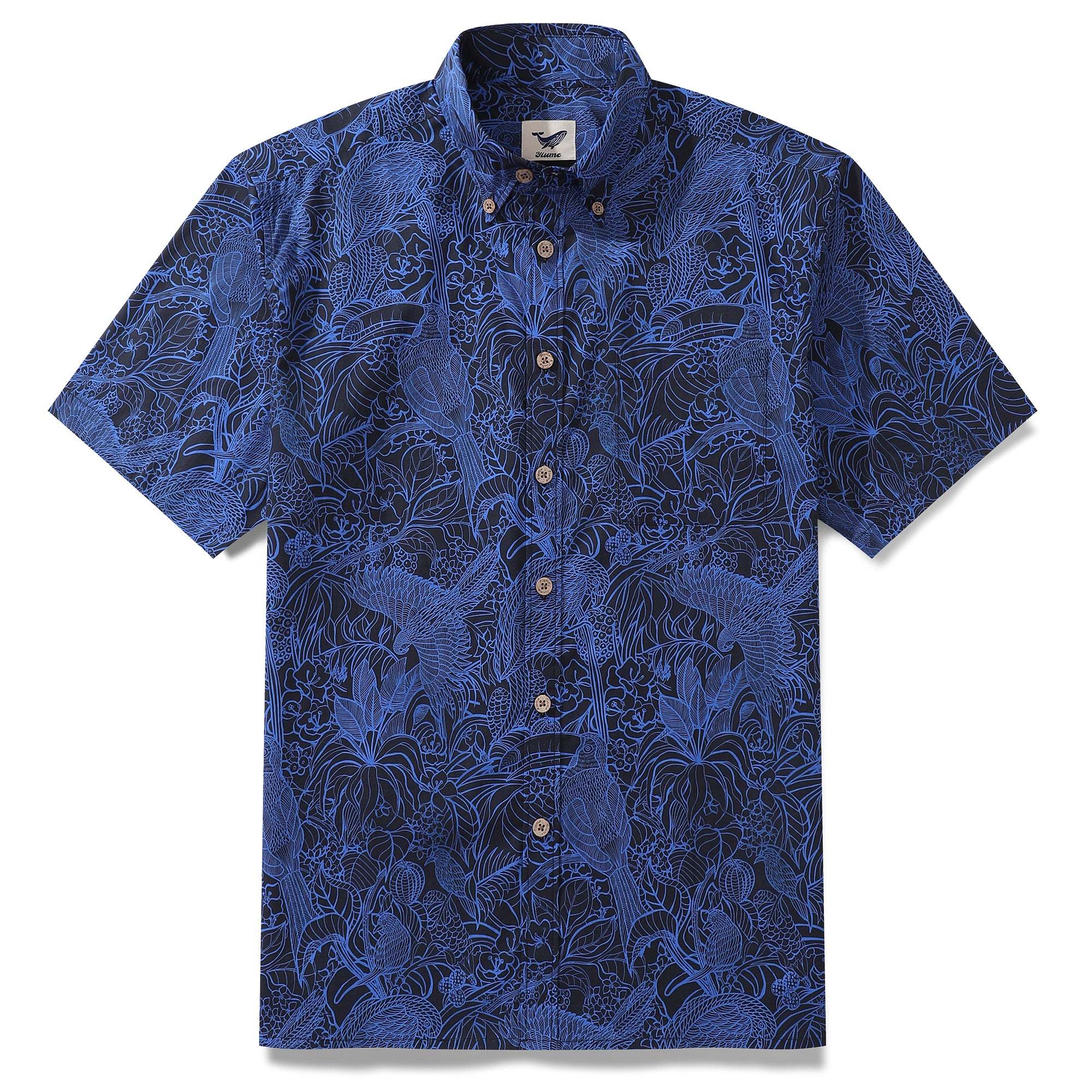 Dark Blue Tropical Hawaiian Shirt For Men Short Sleeve Button-down Shirt 100% Cotton Shirt By Sun