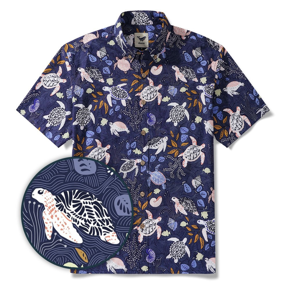 Men's Hawaiian Shirt Short Sleeve Button-down 100% Cotton Blue Aloha Happy sea turtles family navy blue By Annick