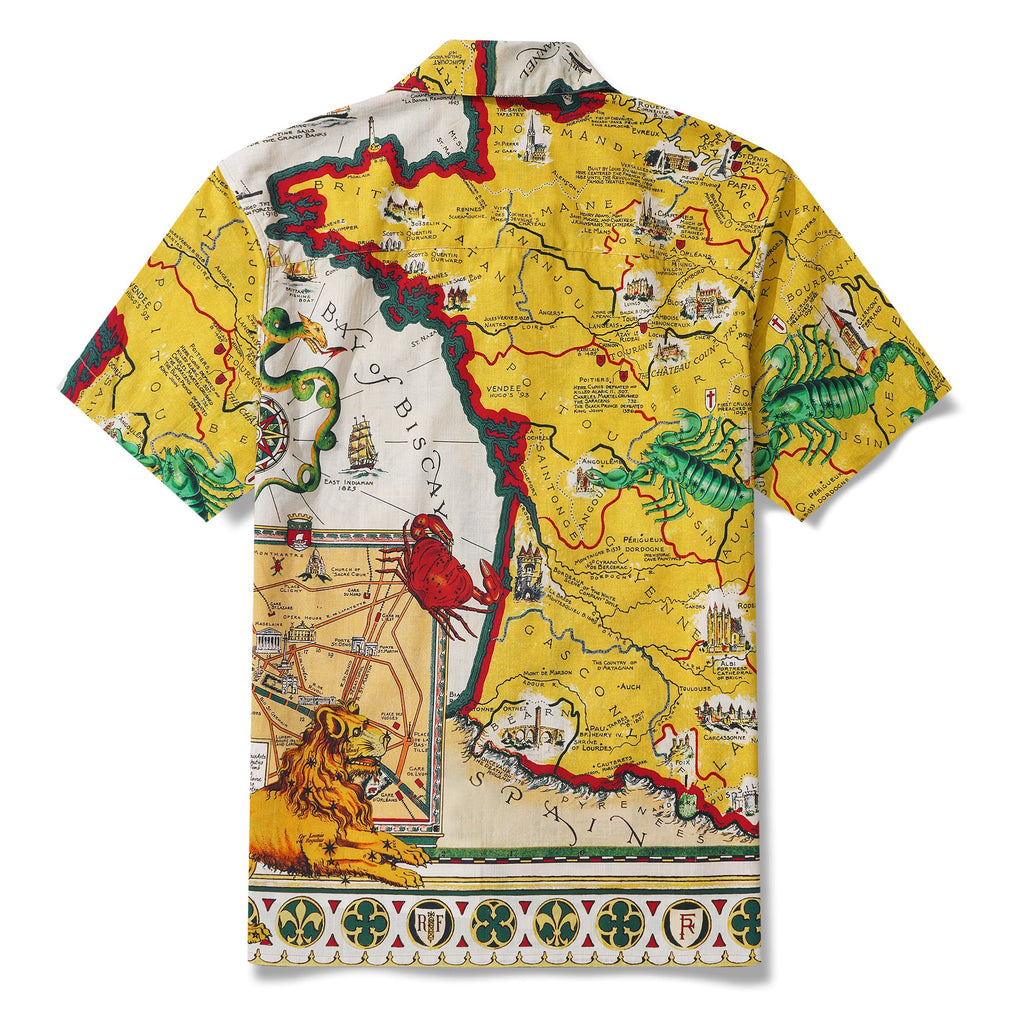 Men's Hawaiian Shirt Short Sleeve Camp Collar 100% Cotton Yellow Aloha Vintage Map By DUDU