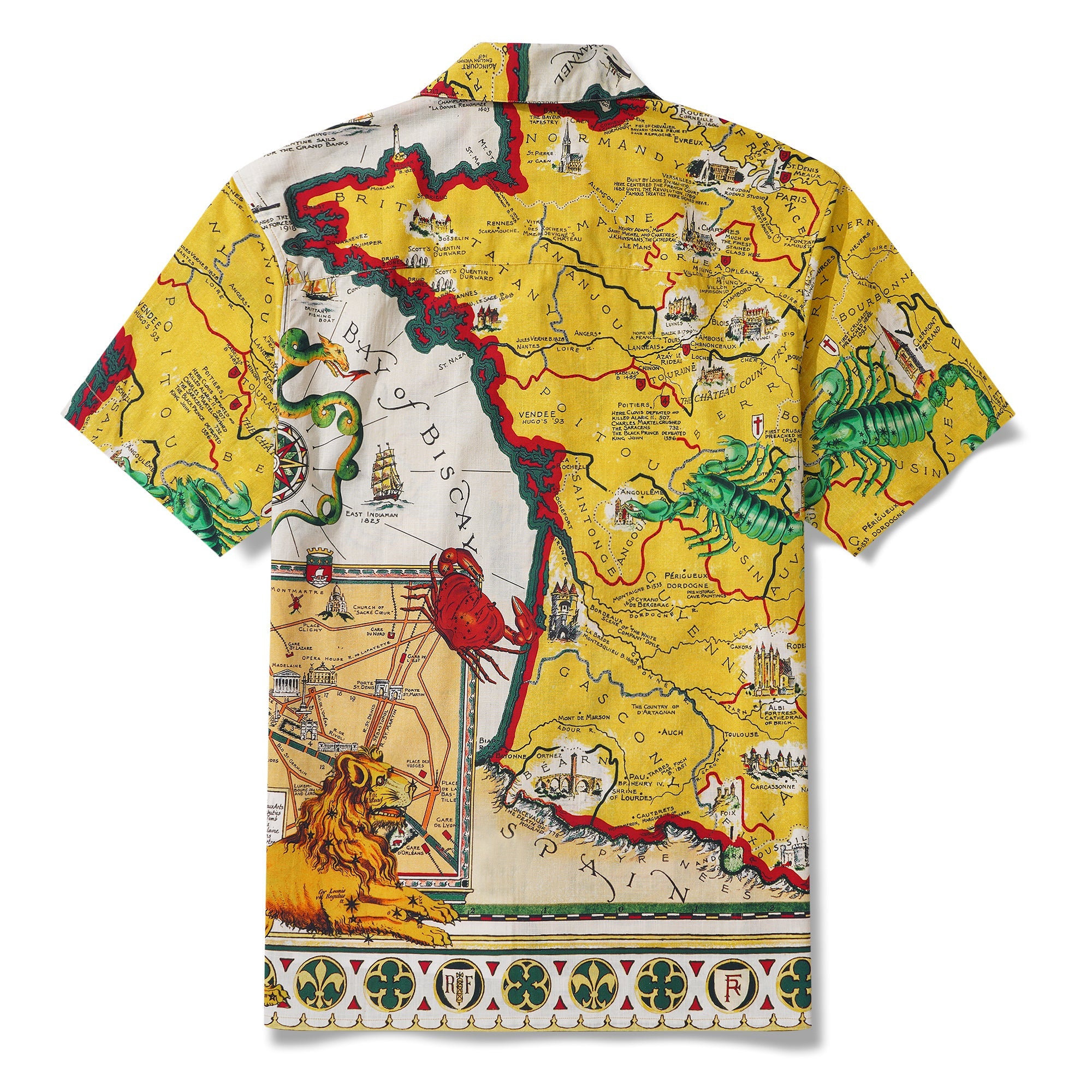 Men's Hawaiian Shirt Short Sleeve Camp Collar 100% Cotton Yellow Aloha Vintage Map By DUDU