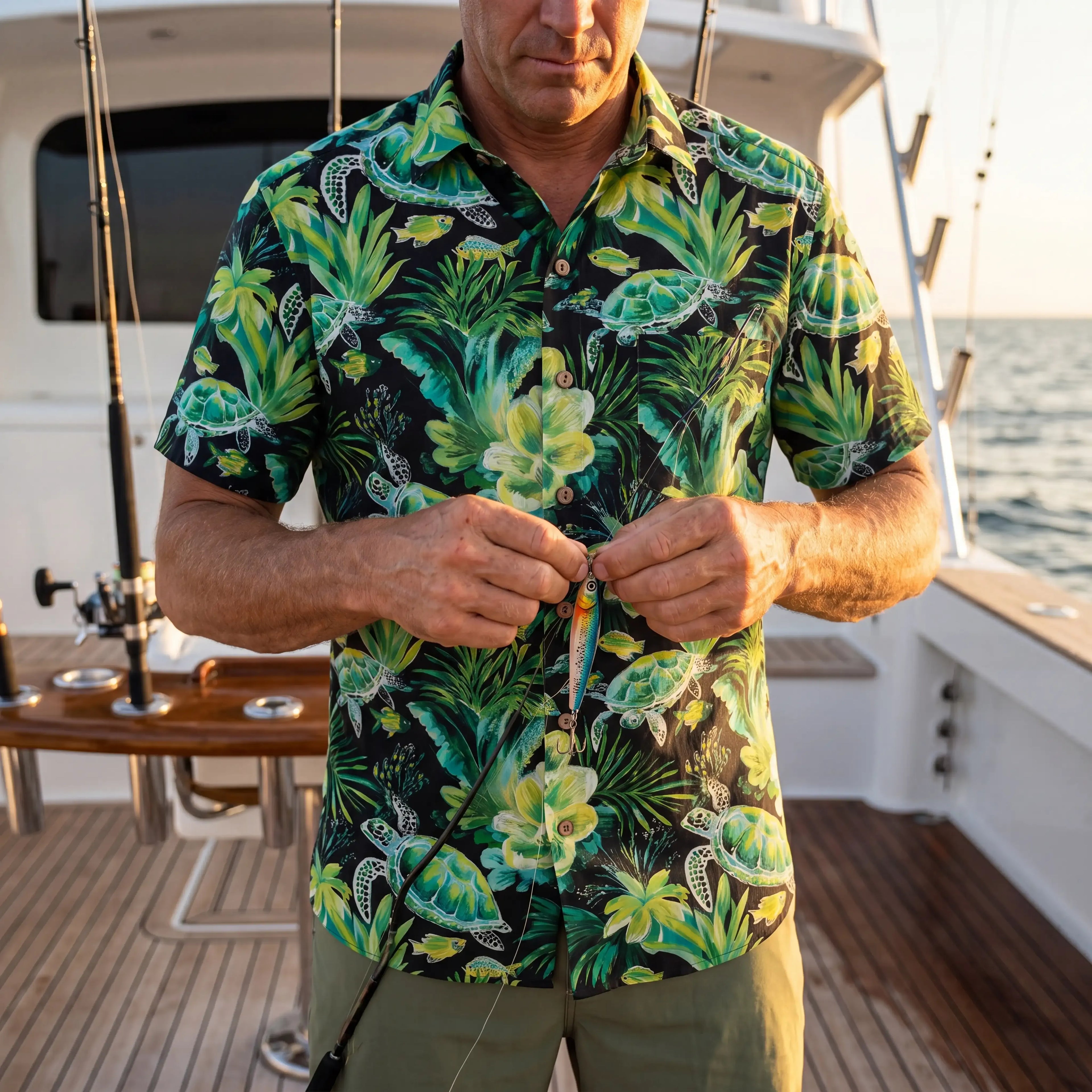 LeosWare® Men's Hawaiian Shirt Short Sleeve Button-up 100% Cotton Green Aloha Deep Sea Green Reflection By Ann