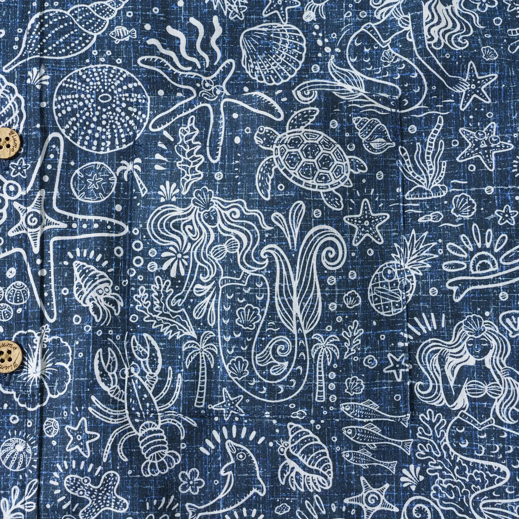 Men's Hawaiian Shirt Short Sleeve Button-down 100% Cotton Beige Aloha Coastal Doodle - Navy Blue By Huan huan