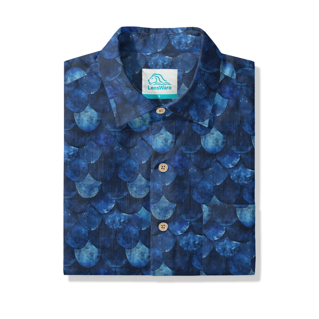 LeosWare® Men's Hawaiian Shirt Short Sleeve Button-up 100% Cotton Blue Aloha Deep Sea Dragon Scales By Ann