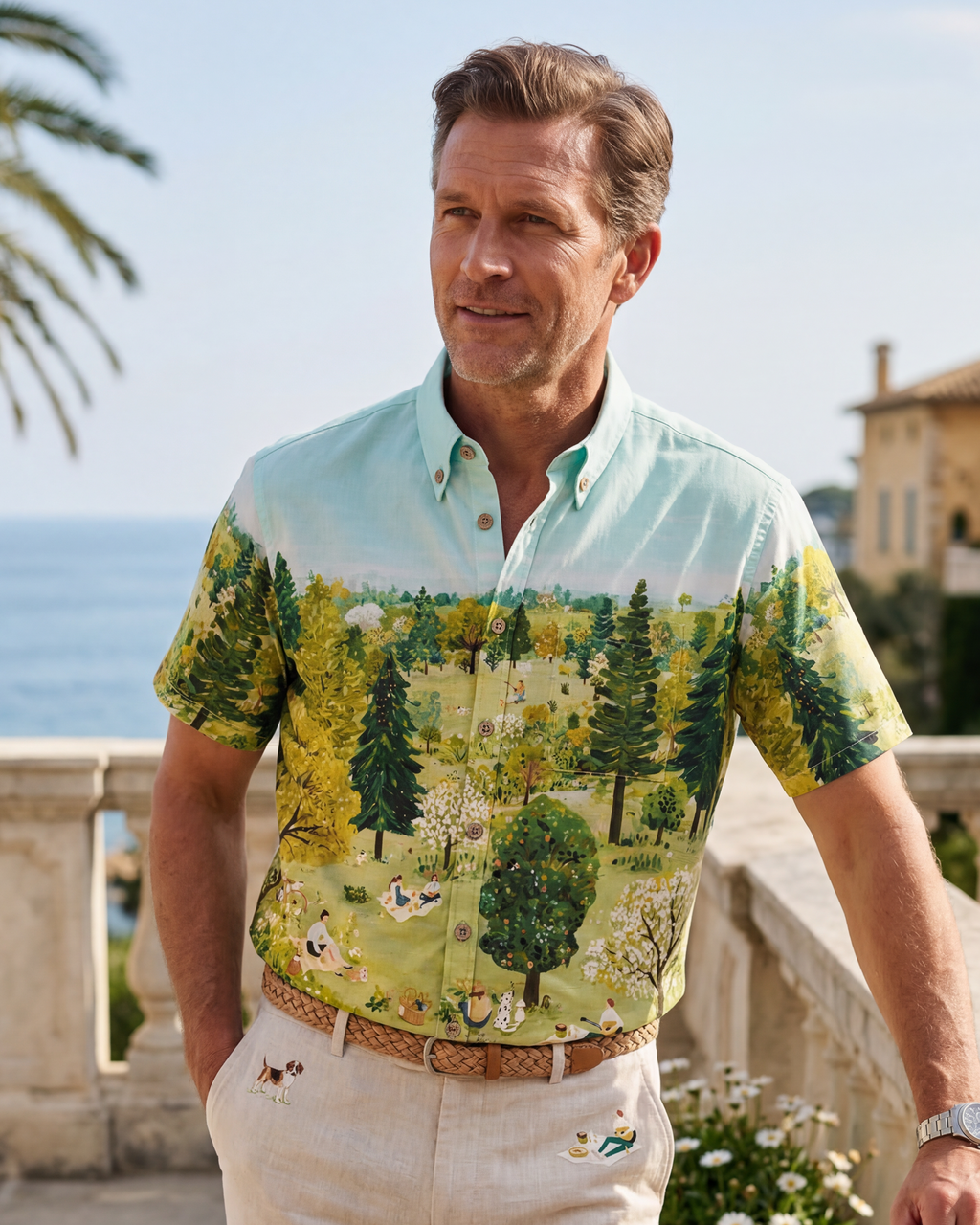 Men's Hawaiian Shirt Short Sleeve Button-down 100% Cotton Green Aloha Daisy Meadow Picnic By Cigar