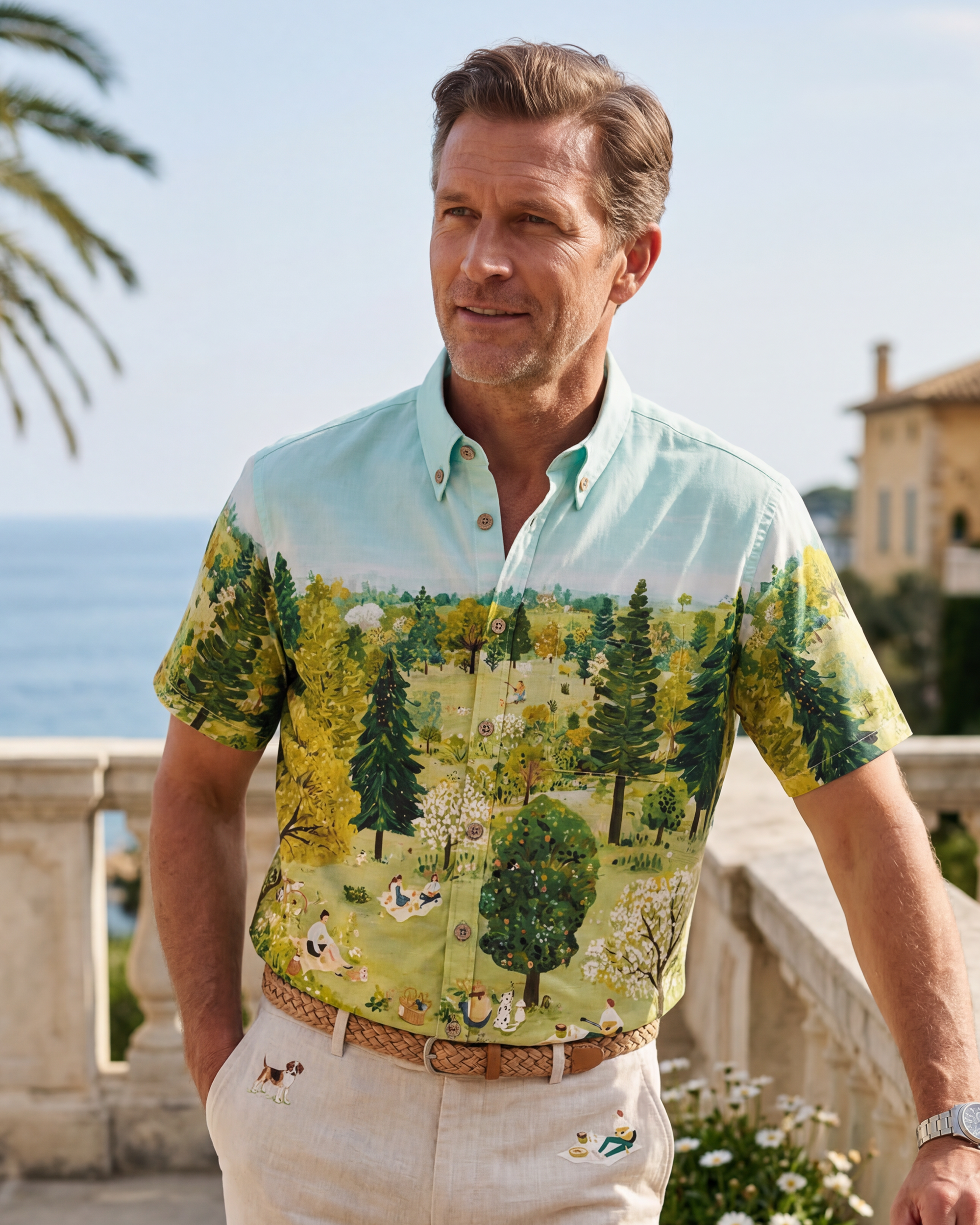 Men's Hawaiian Shirt Short Sleeve Button-down 100% Cotton Green Aloha Daisy Meadow Picnic By Cigar