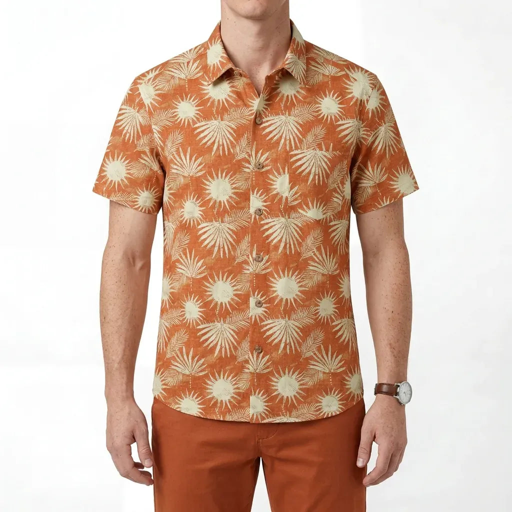 LeosWare® Men's Hawaiian Shirt Short Sleeve Button-up 100% Cotton Orange Aloha Orange Brown Coconut Shadow By Ann