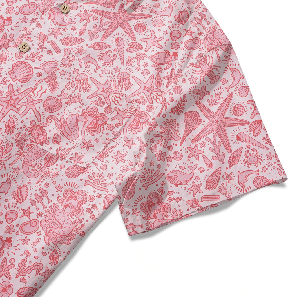 Chemise hawaïenne pour homme LeosWare® à manches courtes, boutonnée, 100 % coton, Aloha, rose doux, motifs océaniques par Huan huan