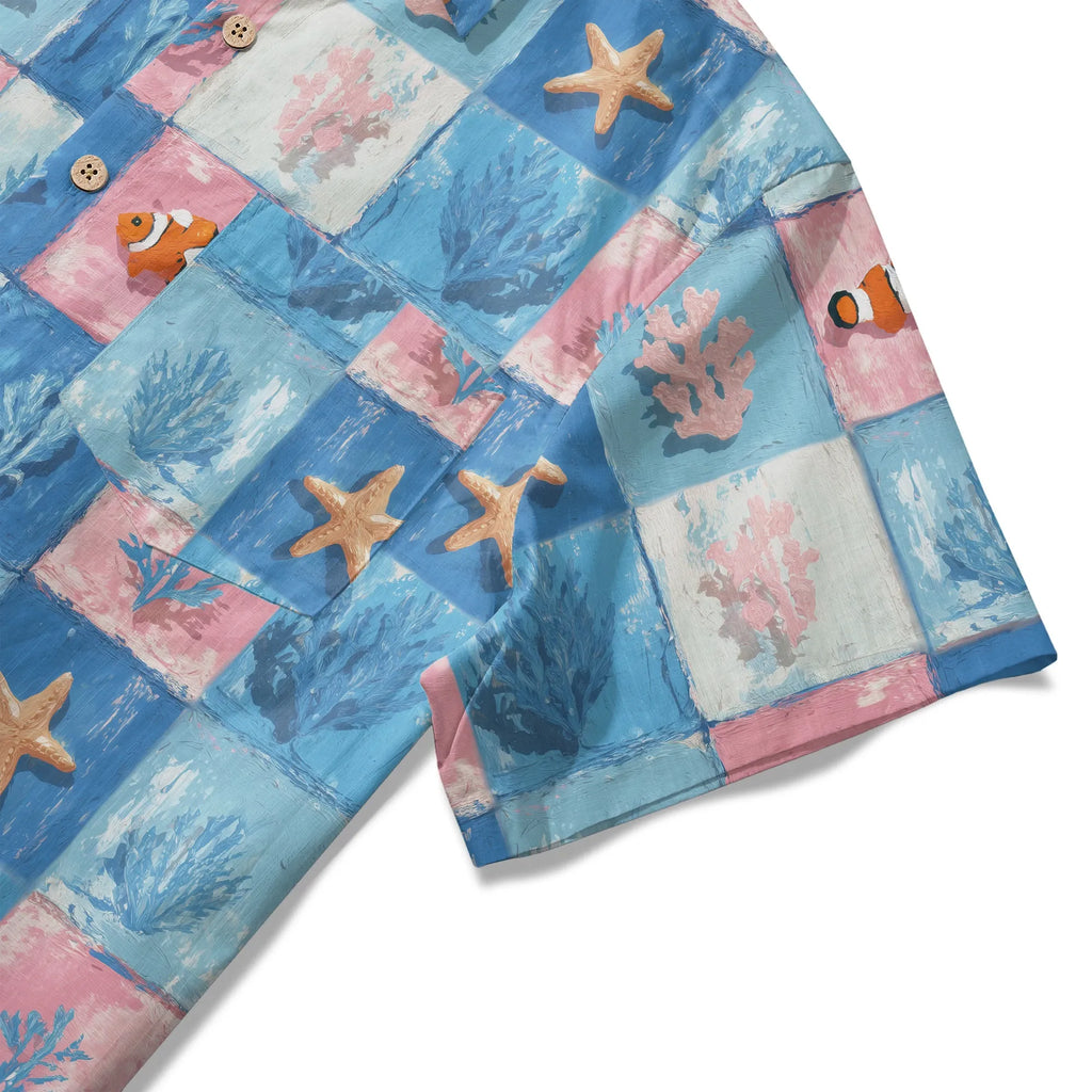 LeosWare® Plaid Men's Hawaiian Shirt Short Sleeve Button-up 100% Cotton Blue Aloha Oceanic Chessboard By Ann