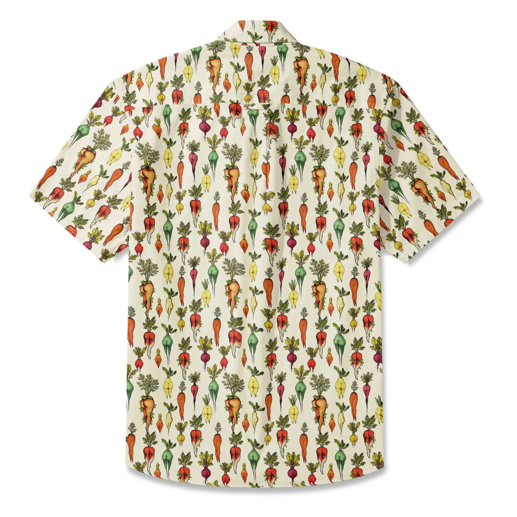 LeosWare® Carrot Men's Hawaiian Shirt Short Sleeve Button-up 100% Cotton Beige Aloha Bootylicious Veggie Bash By Ann