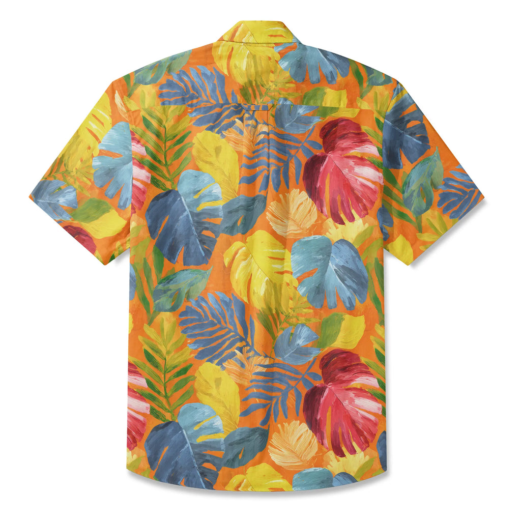 LeosWare® Men's Hawaiian Shirt Short Sleeve Button-up 100% Cotton Orange Aloha Tropical Rhapsody In Orange By Ann