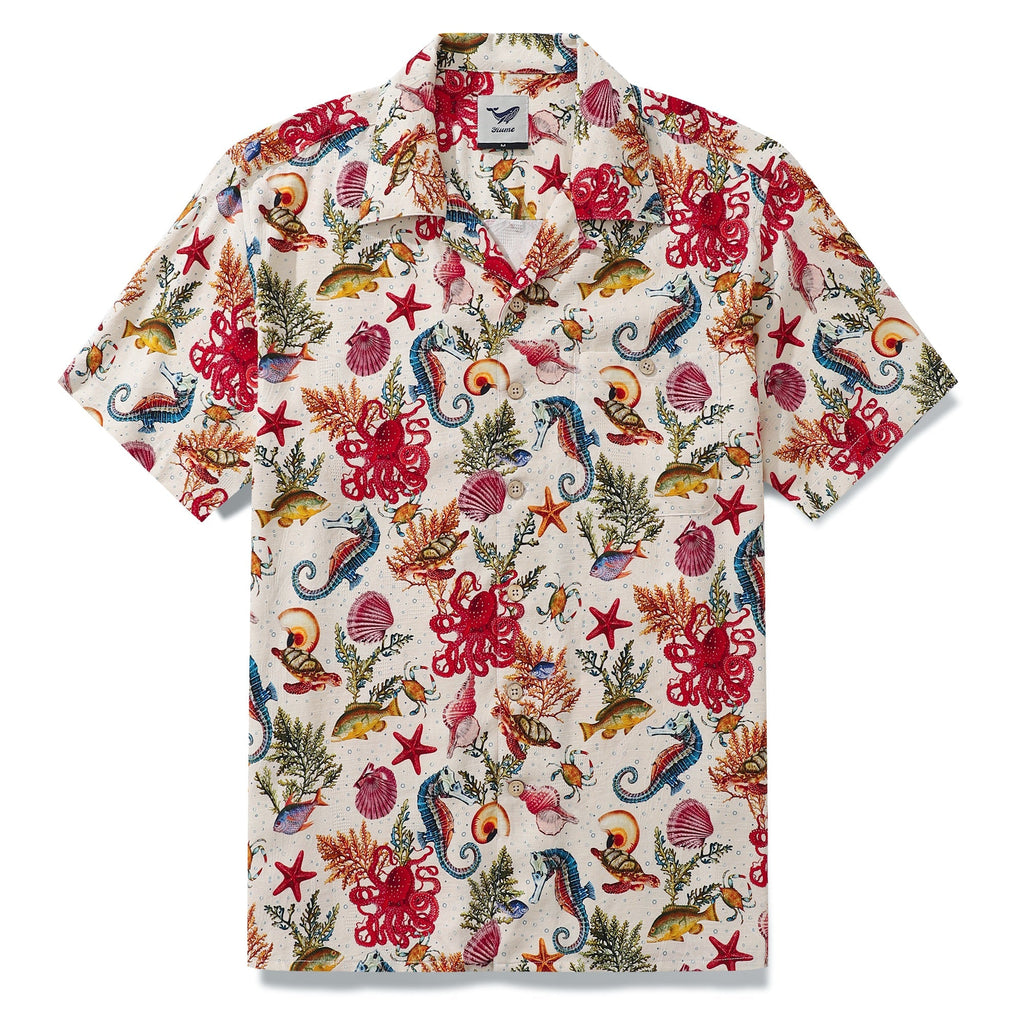 Chemise Aloha en Soie 100 % pour Homme - Impression Vie Marine - Hippocampe et Pieuvre - Col Camp à Manches Courtes par Amy