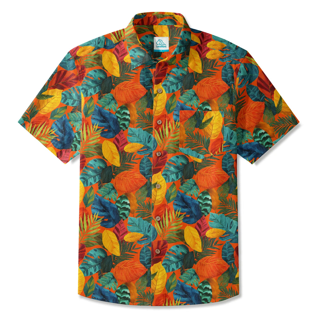 LeosWare® Men's Hawaiian Shirt Short Sleeve Button-up 100% Cotton Orange Aloha Orange Flame Rainforest By Ann