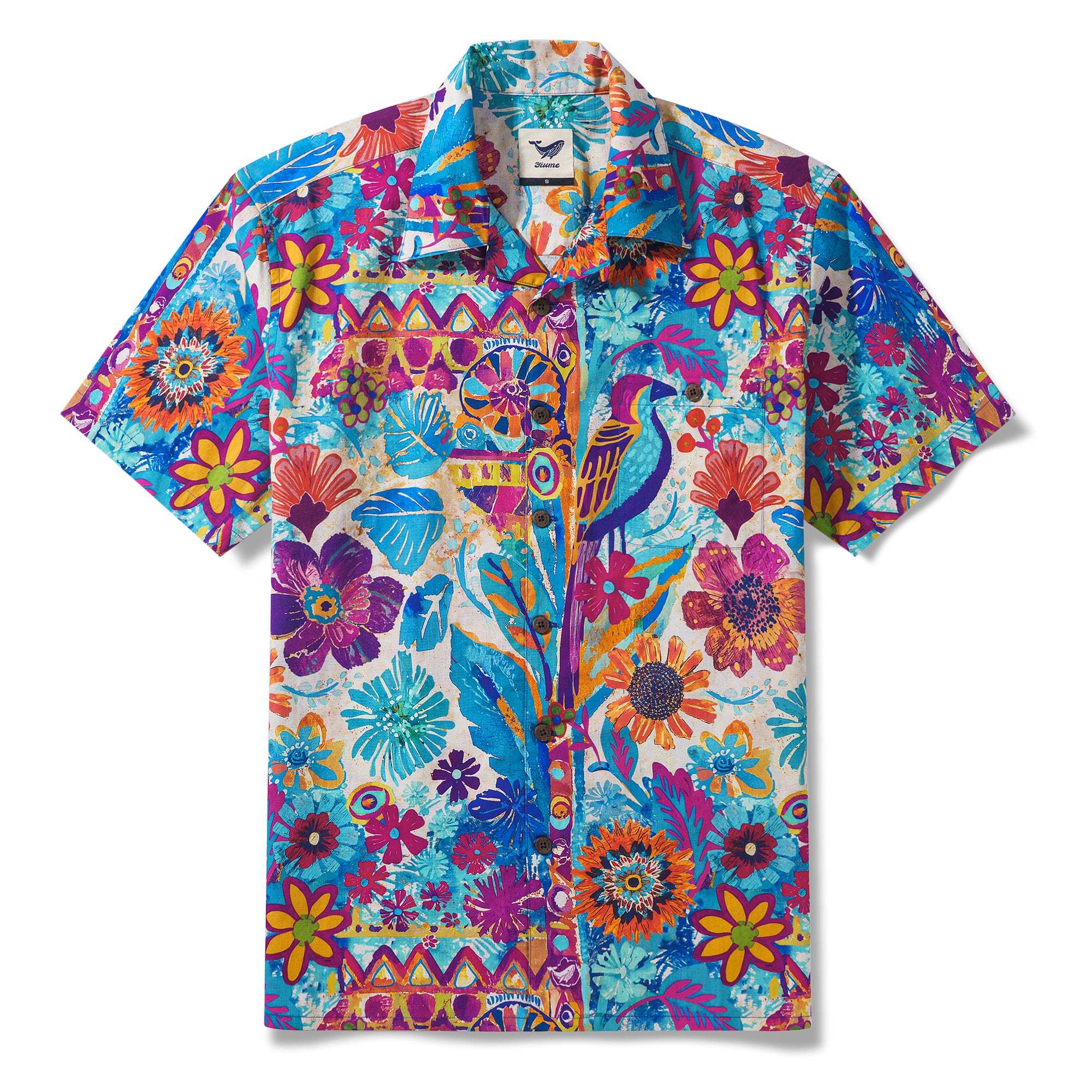 Tropical Hawaiian Shirt 100% Cotton Men's Short Sleeve Camp Collar Blue Aloha Shirt Tropical Wonder Painted Shirt Mexican Style By Mo