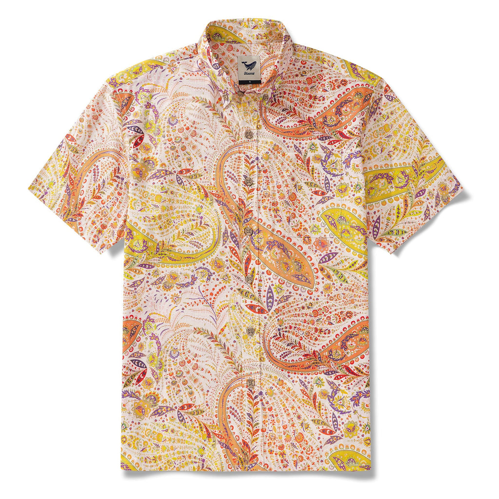 Men's Hawaiian Shirt Short Sleeve Button-down 100% Cotton Yellow Aloha Paisley Paradise By Yakima