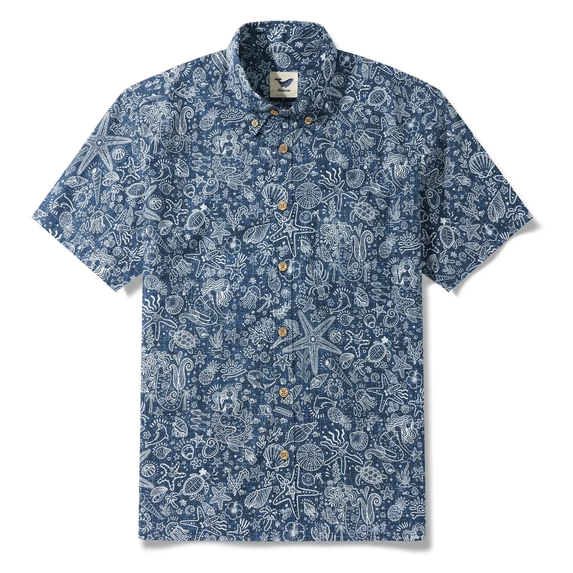 Men's Hawaiian Shirt Short Sleeve Button-down 100% Cotton Beige Aloha Coastal Doodle - Navy Blue By Huan huan