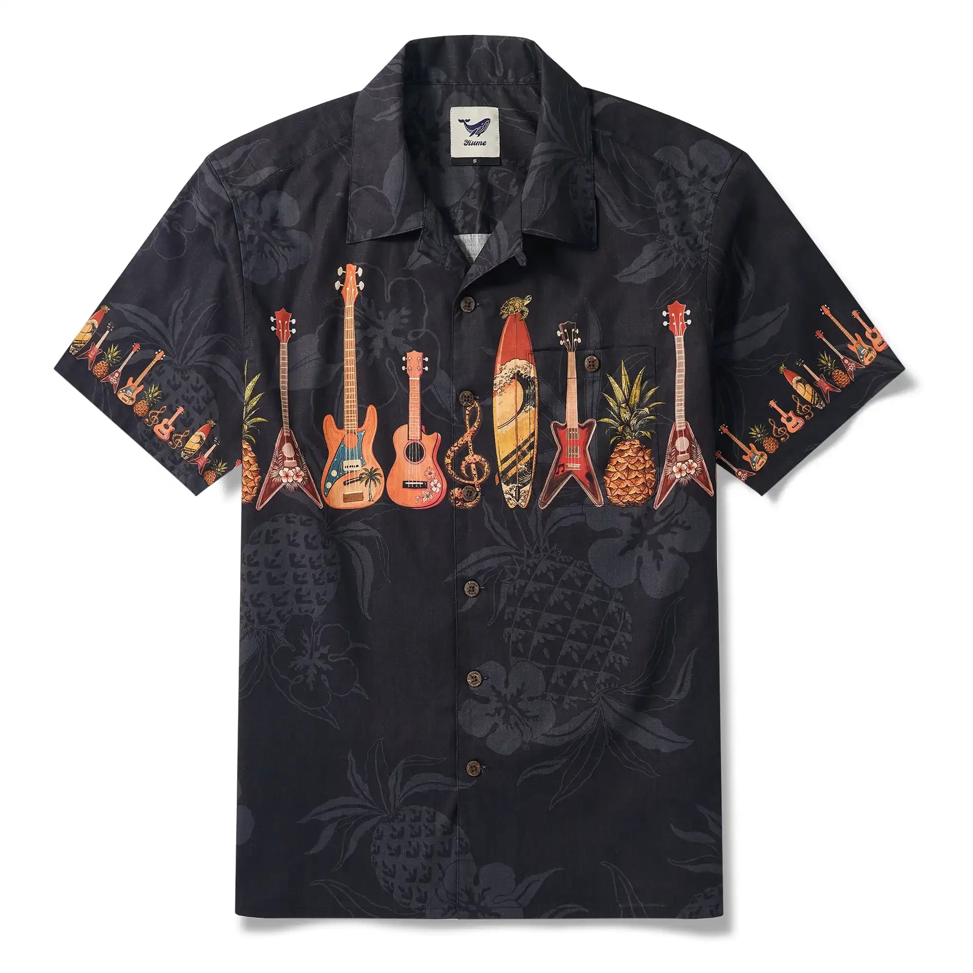 Music Men's Hawaiian Shirt Short Sleeve Camp Collar 100% Cotton Black Aloha Island Serenade By Mo