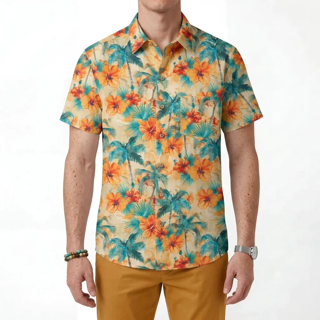 LeosWare® Men's Hawaiian Shirt Short Sleeve Button-up 100% Cotton Orange Aloha Sunset Orange Coconut Breeze By Ann