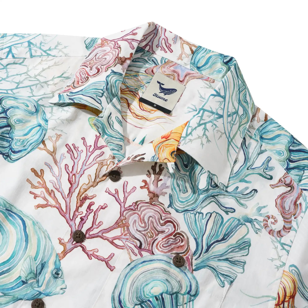 Men's Hawaiian Shirt Short Sleeve Camp Collar 100% Cotton Blue Aloha Life Underwater By Michela Maranzana