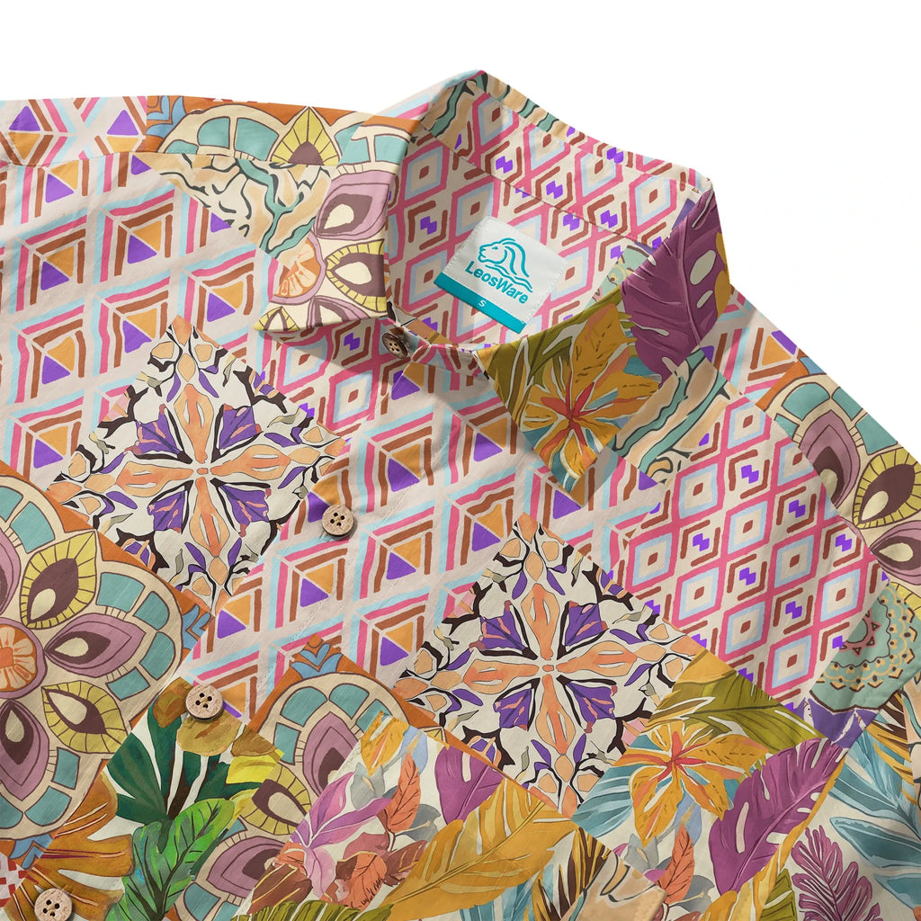 LeosWare® Men's Hawaiian Shirt Short Sleeve Button-up 100% Cotton Yellow Aloha Bohemian Patchwork Paradise By Huan huan