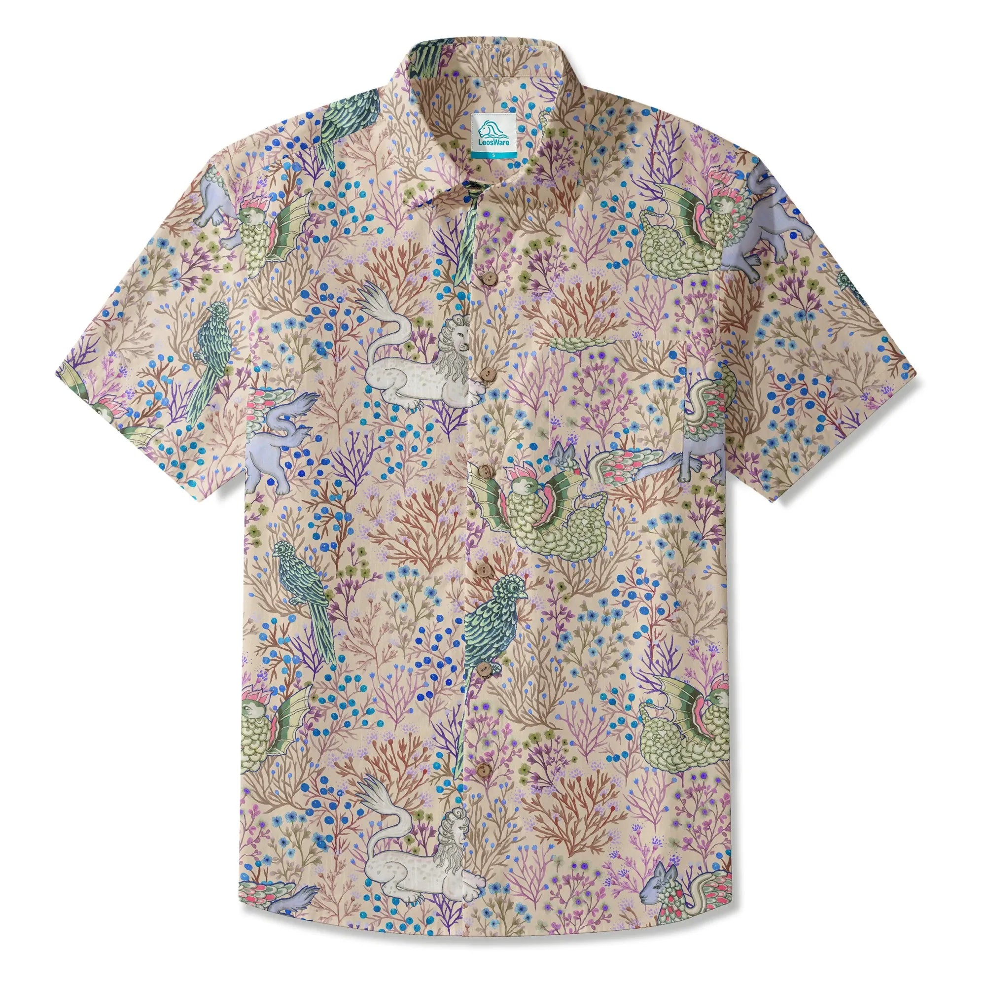 LeosWare® Men's Hawaiian Shirt Short Sleeve Button-up 100% Cotton Brown Aloha Mythical Creatures And Floral Fantasia By Huan huan