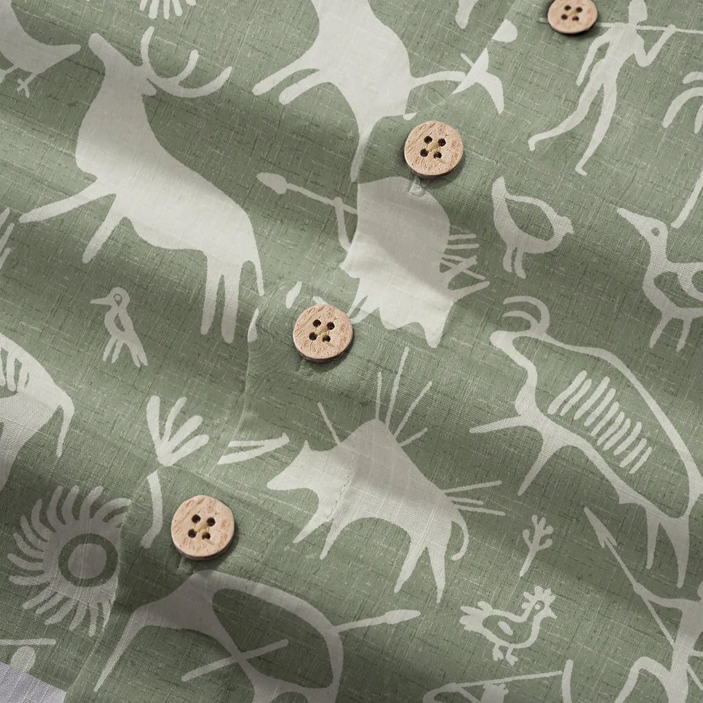 LeosWare® Men's Hawaiian Shirt Short Sleeve Button-up 100% Cotton Green Aloha Sage Green Tribal Rock Painting By Huan huan
