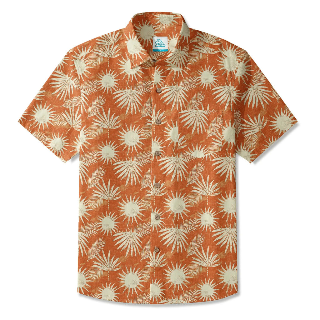 LeosWare® Men's Hawaiian Shirt Short Sleeve Button-up 100% Cotton Orange Aloha Orange Brown Coconut Shadow By Ann
