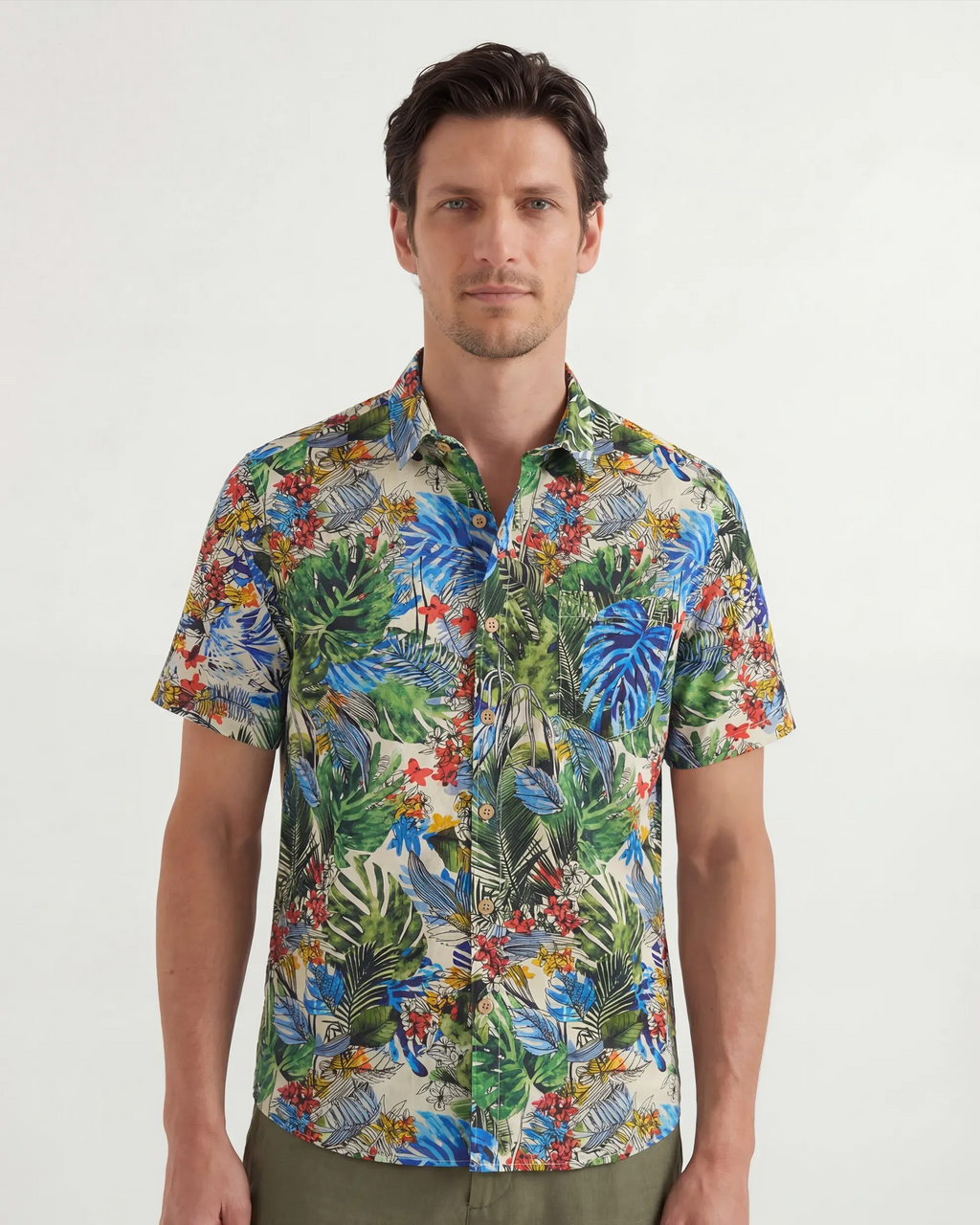 LeosWare® Men's Hawaiian Shirt Short Sleeve Button-up 100% Cotton Green Aloha Tropical Jungle Whispers By Ethan