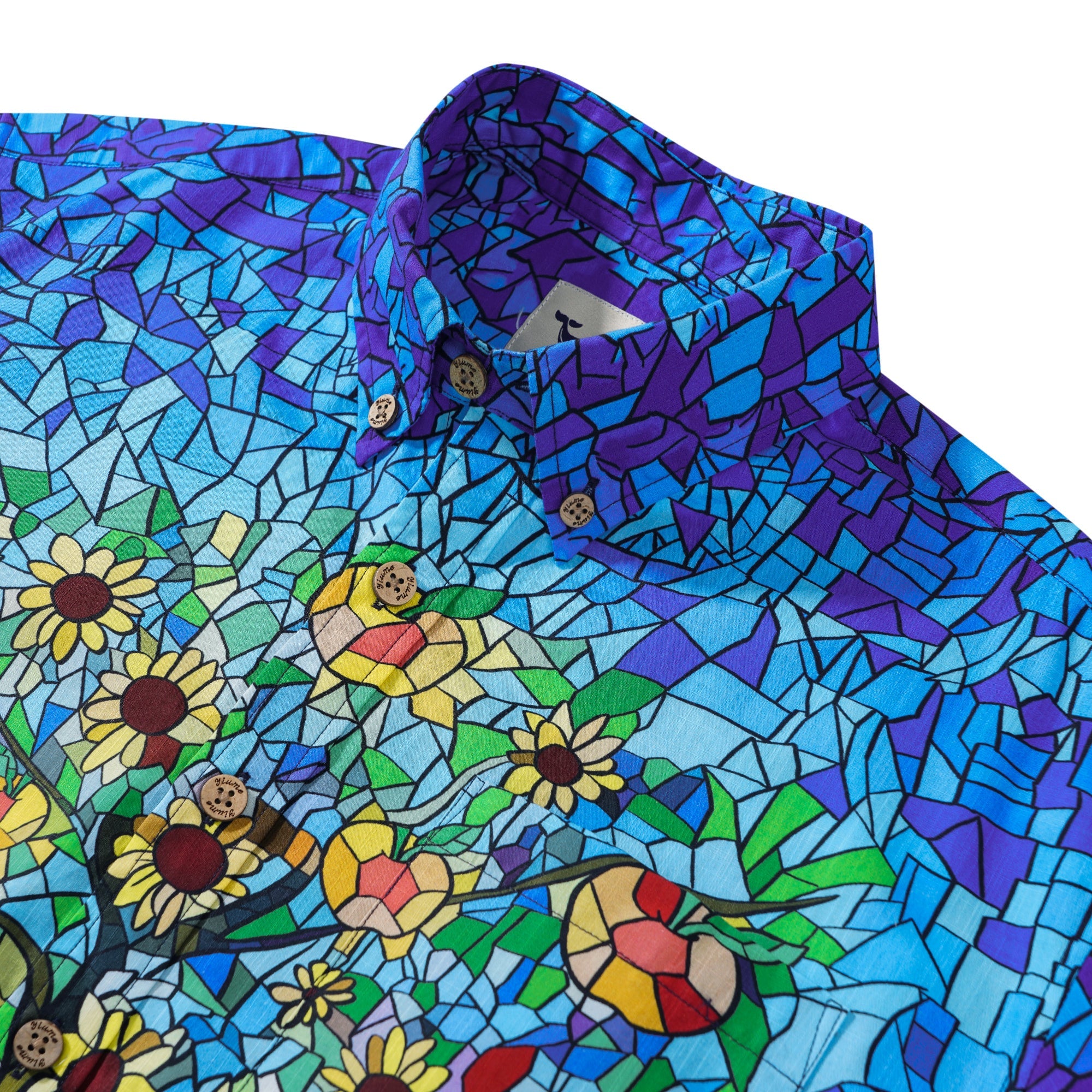 Men’s Blue Hawaiian Shirt – Orchard & Stained Glass Print 100% Cotton Short Sleeve Aloha Shirt By Yakima