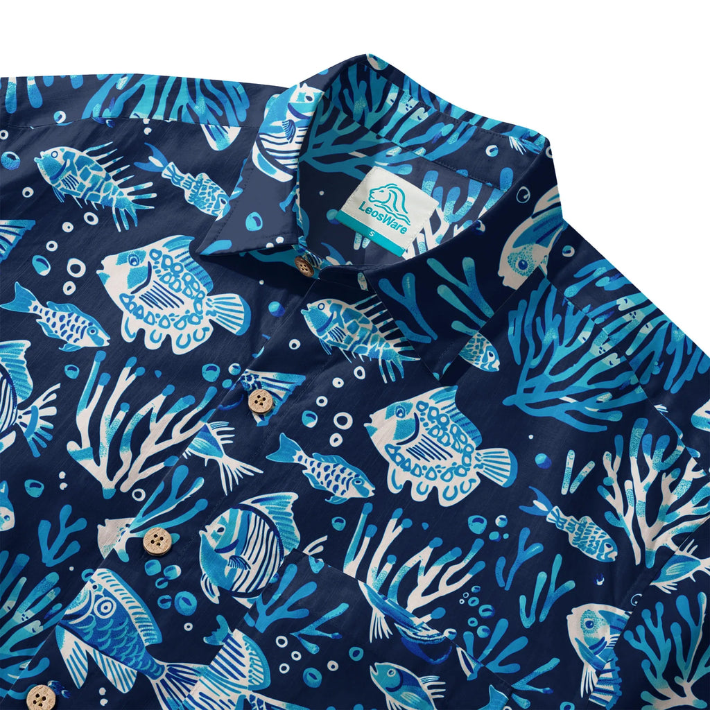 LeosWare® Men's Hawaiian Shirt Short Sleeve Button-up 100% Cotton Blue Coral Aloha Deep Blue Fish Whisper By Ann