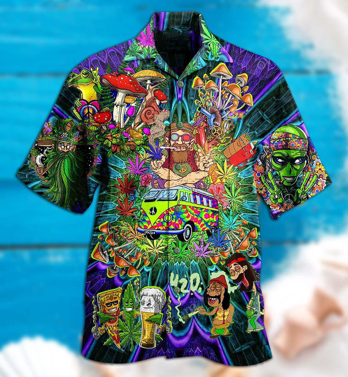 Hippie Mushroom Alien Bus Everything Funny Style - Hawaiian Shirt