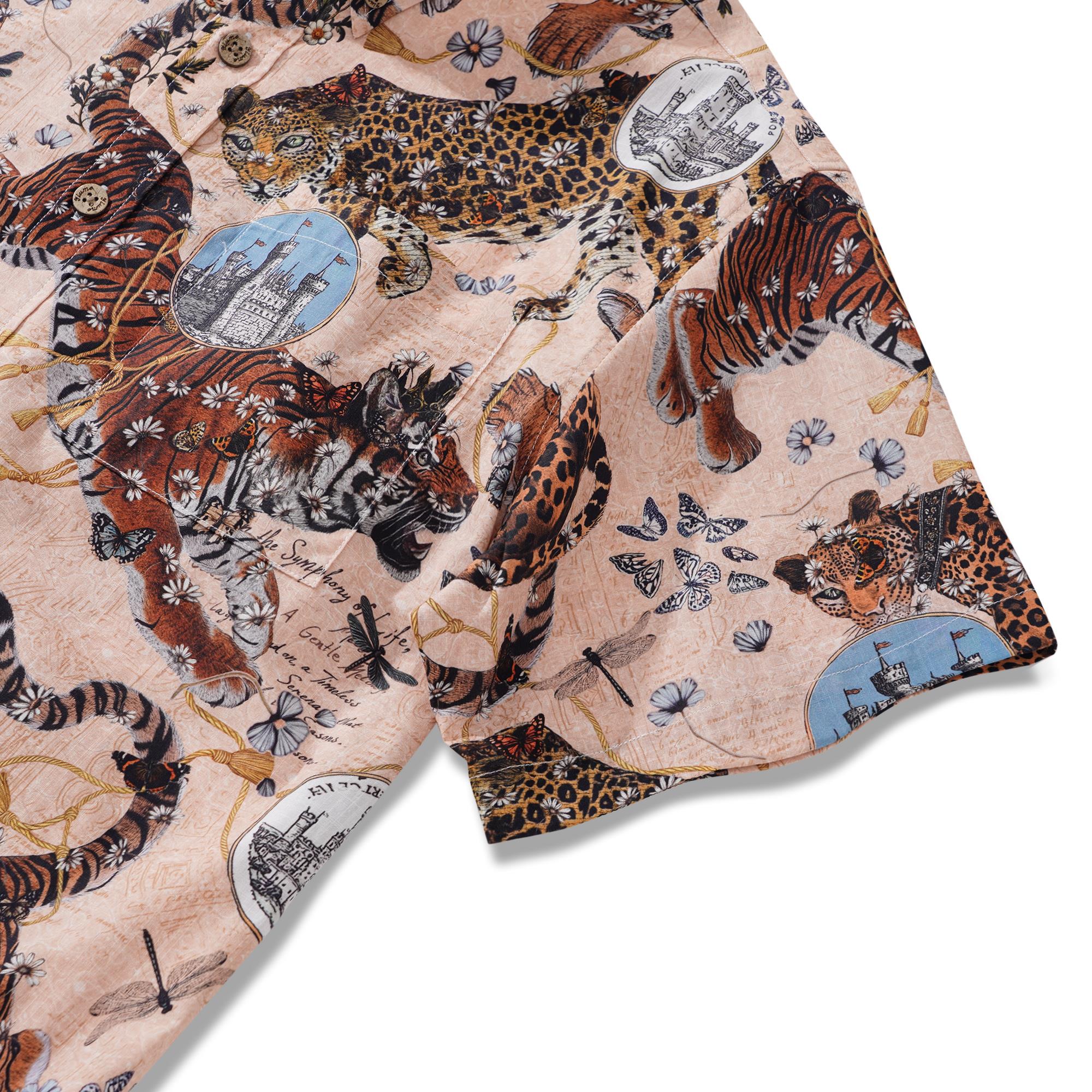 Men's Hawaiian Shirt Short Sleeve Button-down 100% Cotton Beige Aloha Wild Romance By Zeke