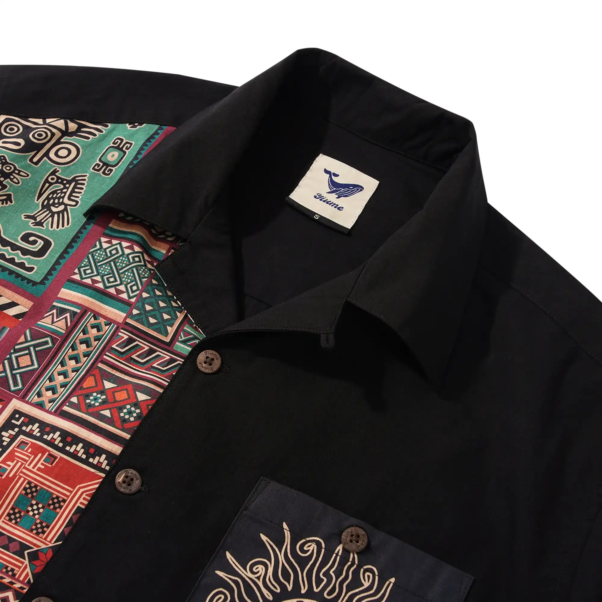 Men's Hawaiian Bowling Shirt Short Sleeve Camp Collar 100% Cotton Black Aloha The Charm Of Vintage Folk Patterns By Huan huan