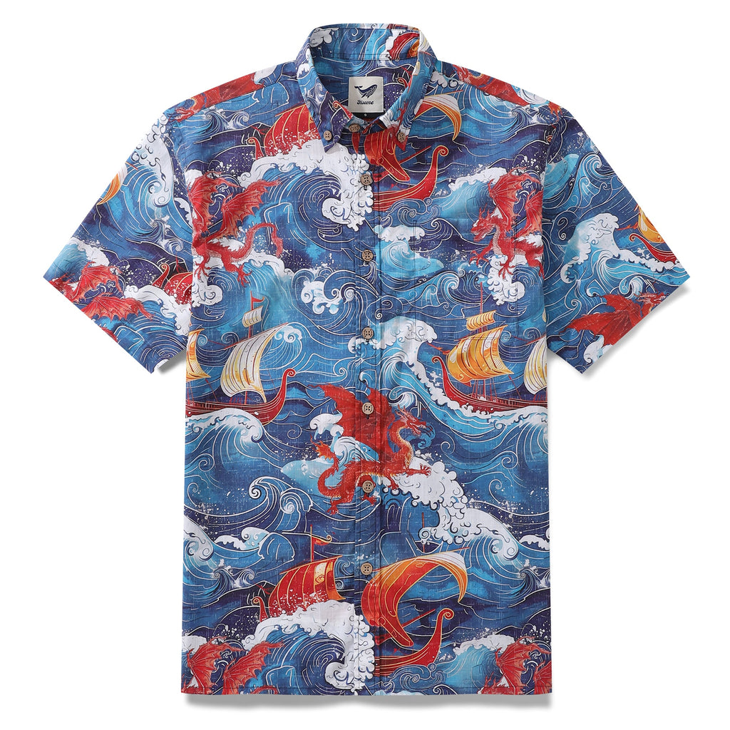 Yiume Viking Hawaiian Shirt For Men Dragon-Hunting Button-down Short Sleeve Cotton Beach Shirt Dragon-hunting Viking By Sun