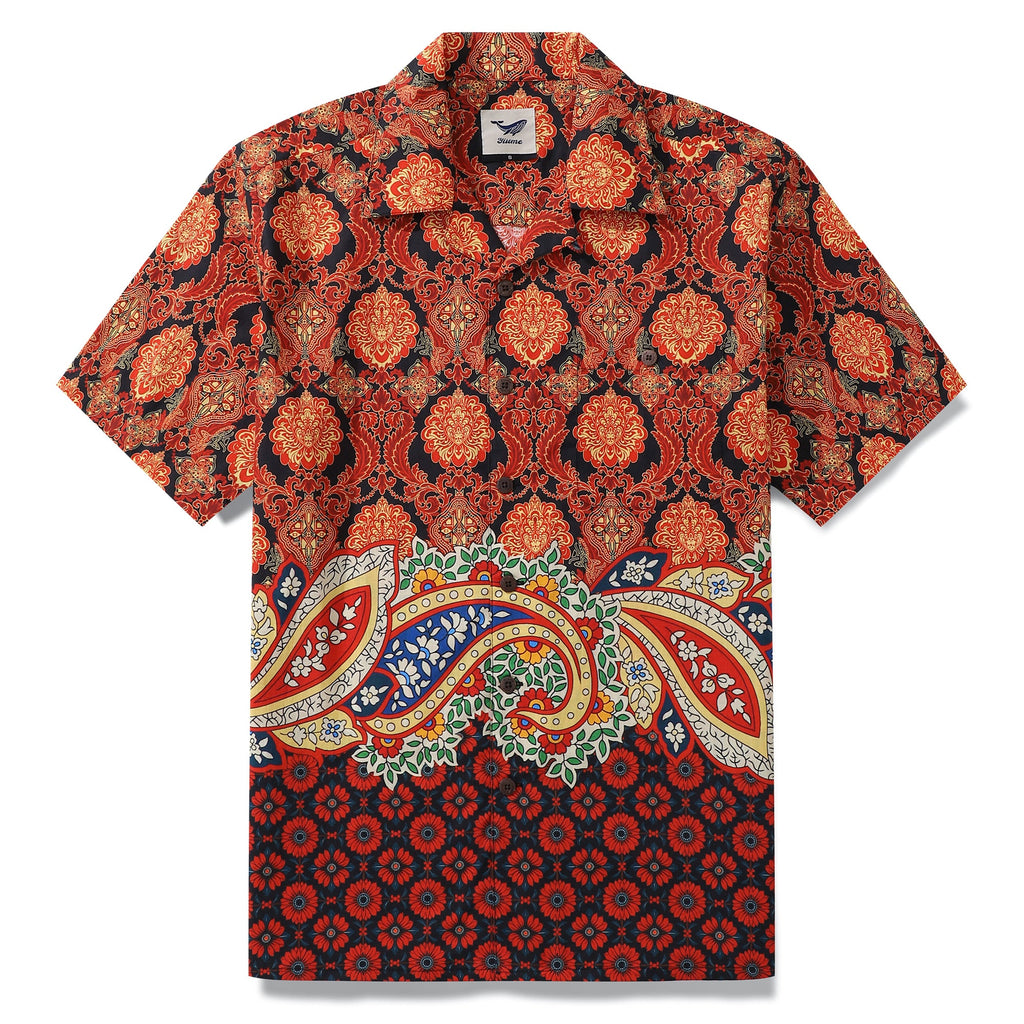 100% Cotton Hawaiian Shirt For Men Red pattern Camp Collar Shirt By Sun