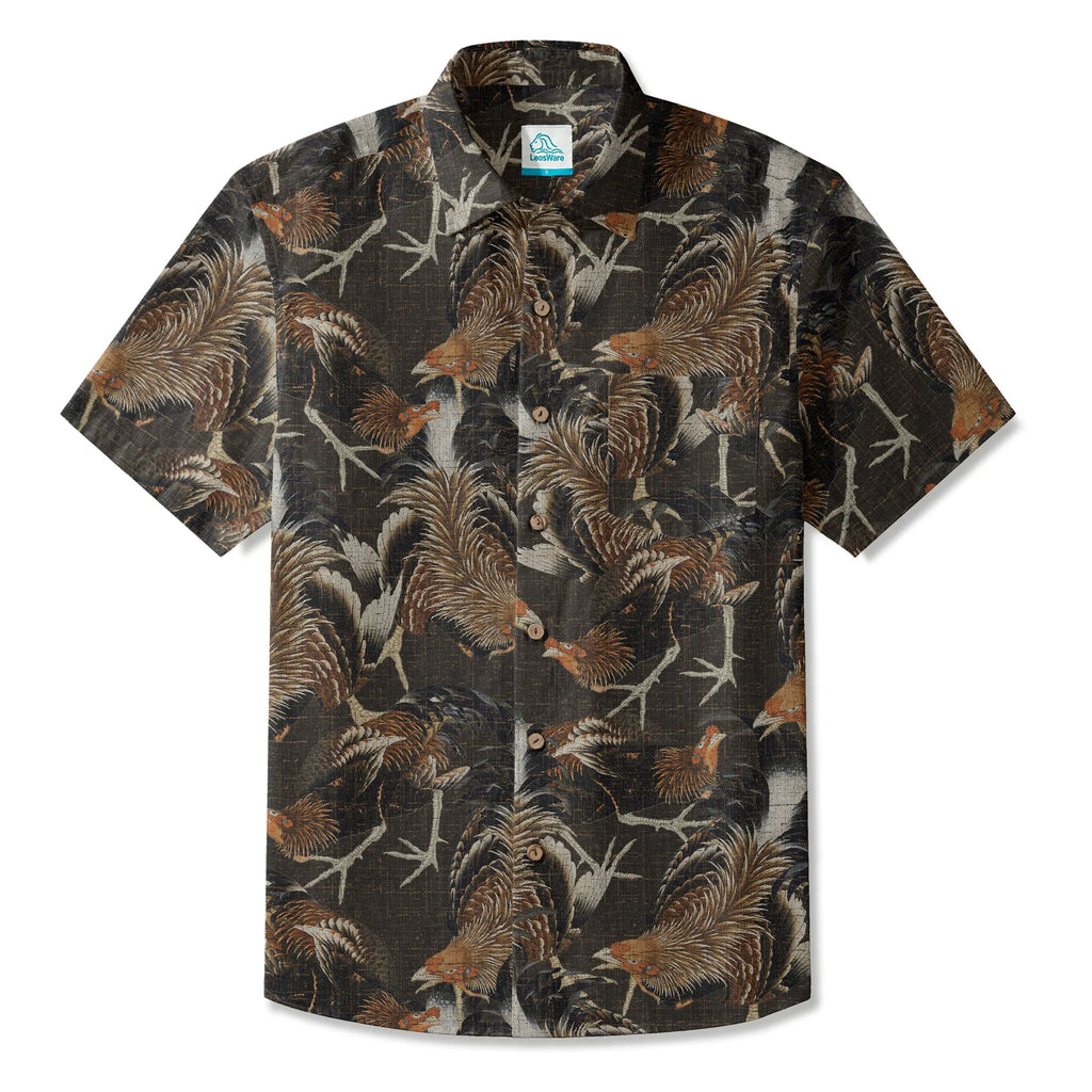 LeosWare® Men's Hawaiian Shirt Short Sleeve Button-up 100% Cotton Aloha Ancient-pattern Rooster Ode By Dudu