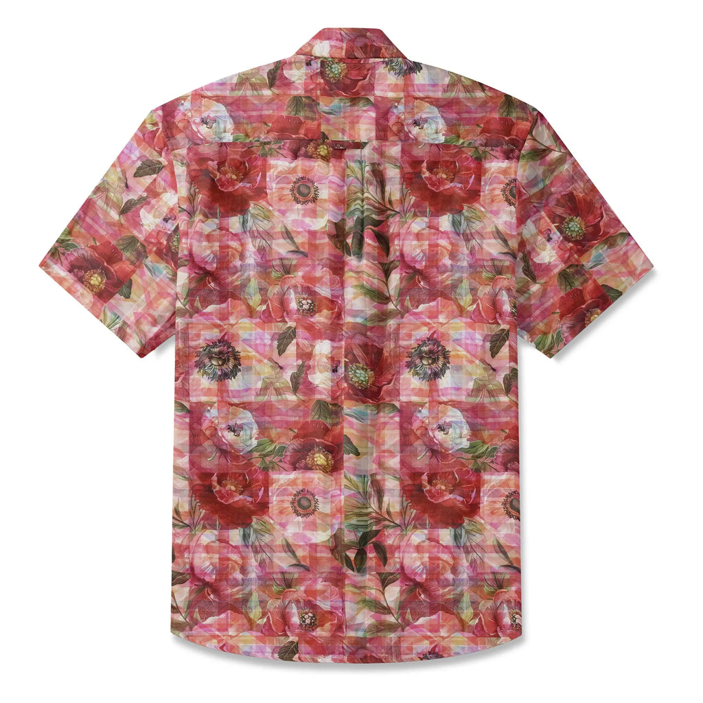 LeosWare® Plaid Men's Hawaiian Shirt Short Sleeve Button-up 100% Cotton Red Aloha Patterned Floral Impressions By Ann