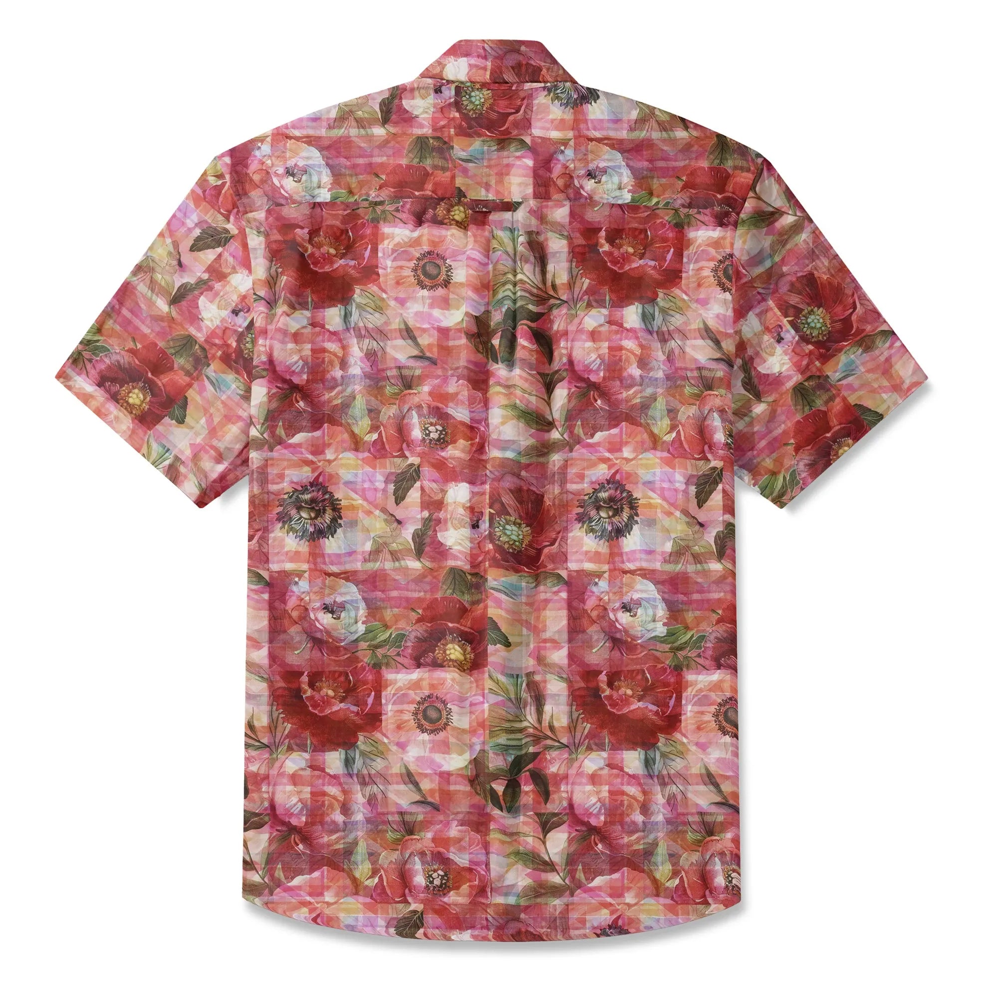 LeosWare® Plaid Men's Hawaiian Shirt Short Sleeve Button-up 100% Cotton Red Aloha Patterned Floral Impressions By Ann