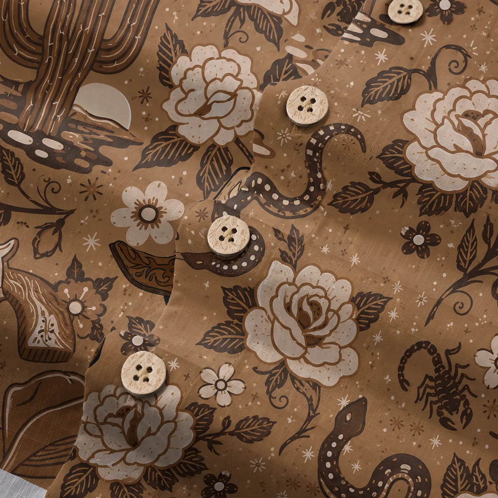 LeosWare® Men's Hawaiian Shirt Short Sleeve Button-up 100% Cotton Brown Aloha Wild West Desert Bloom By Huan Huan