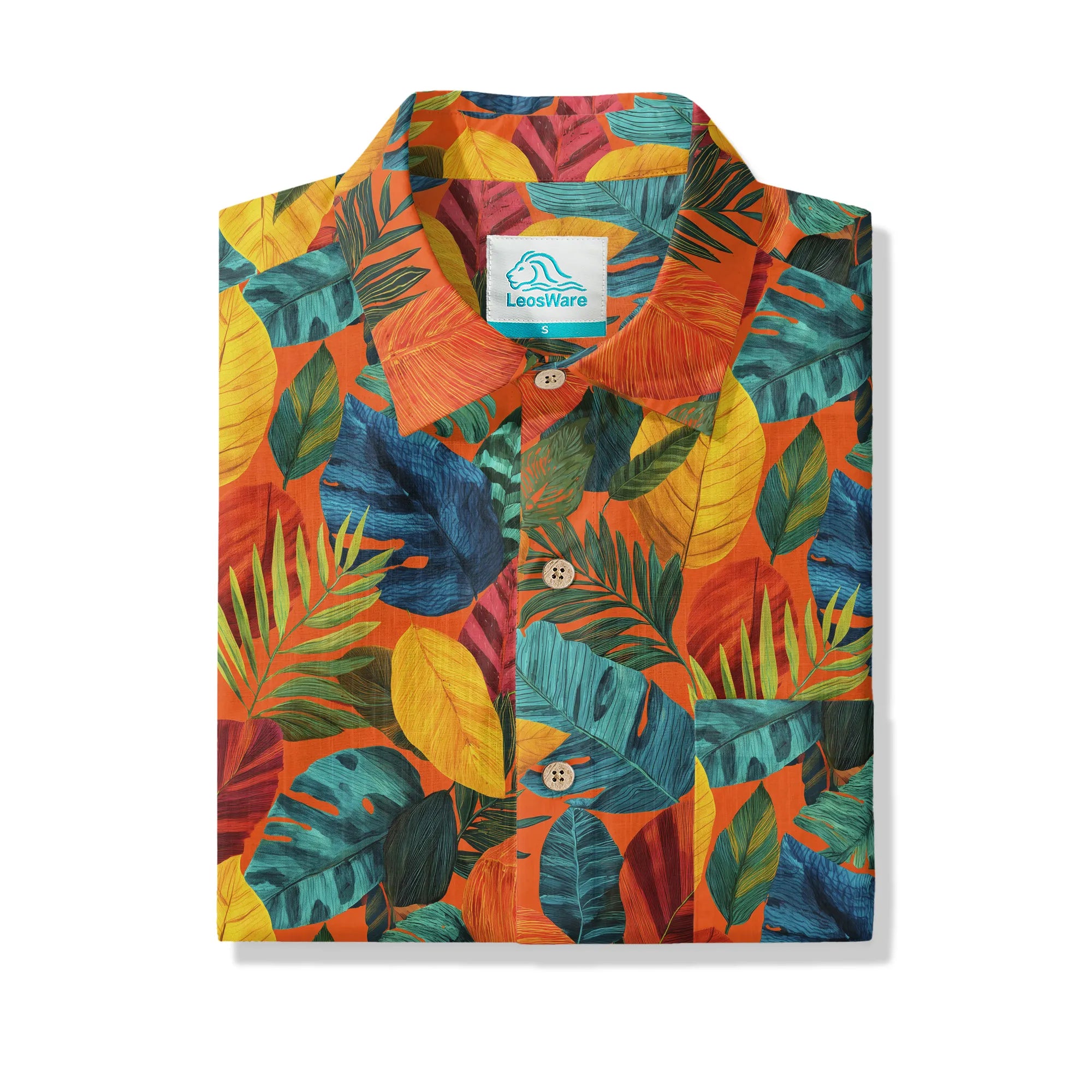 LeosWare® Men's Hawaiian Shirt Short Sleeve Button-up 100% Cotton Orange Aloha Orange Flame Rainforest By Ann