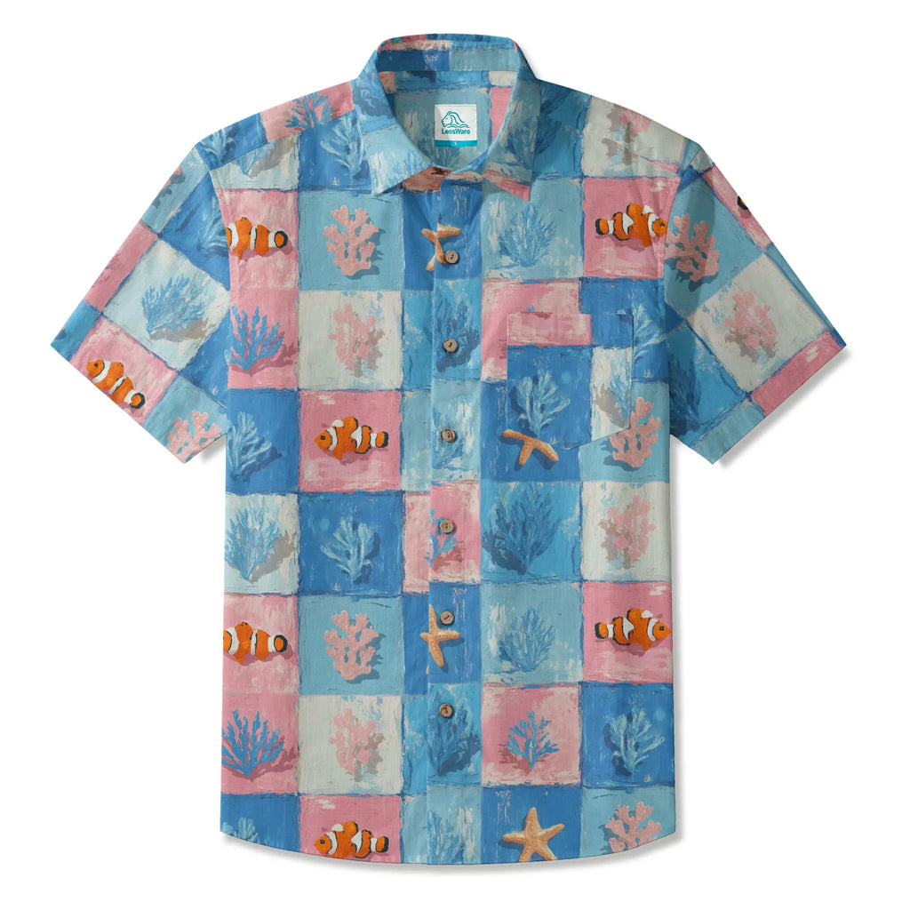 LeosWare® Plaid Men's Hawaiian Shirt Short Sleeve Button-up 100% Cotton Blue Aloha Oceanic Chessboard By Ann