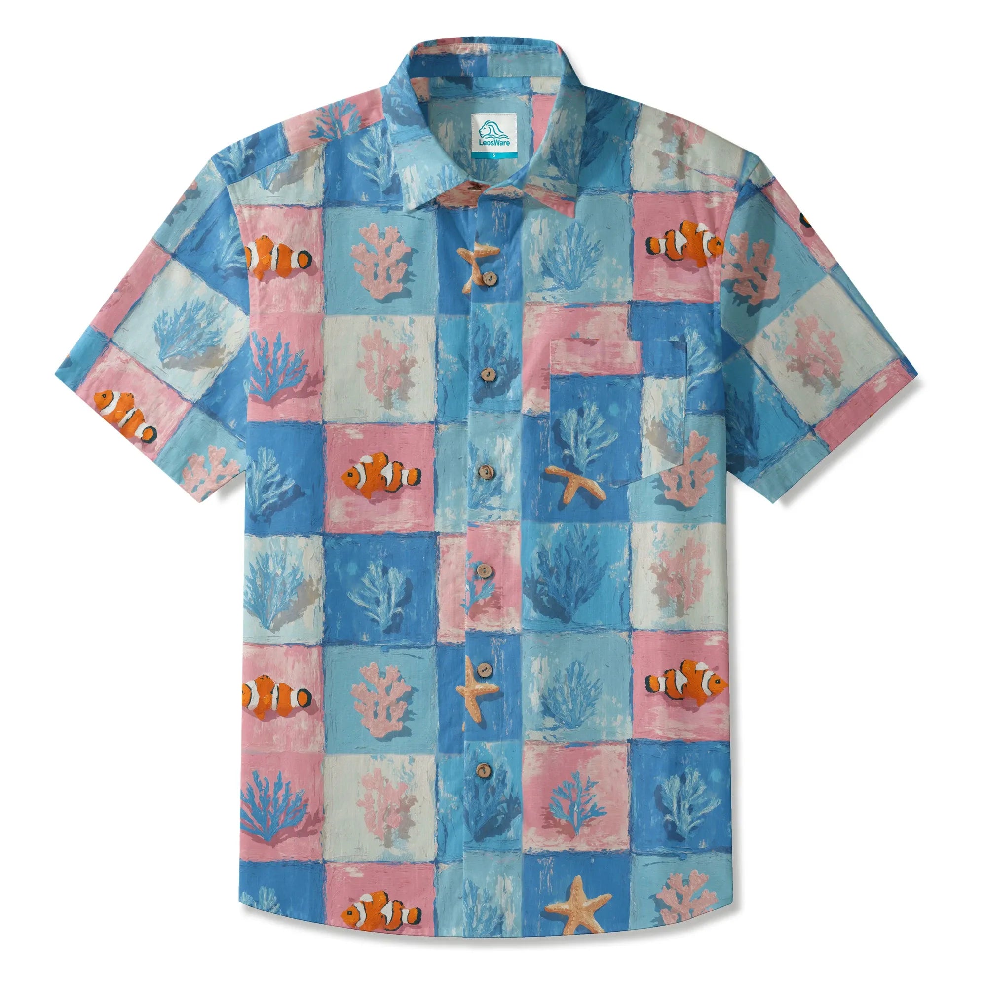 LeosWare® Plaid Men's Hawaiian Shirt Short Sleeve Button-up 100% Cotton Blue Aloha Oceanic Chessboard By Ann
