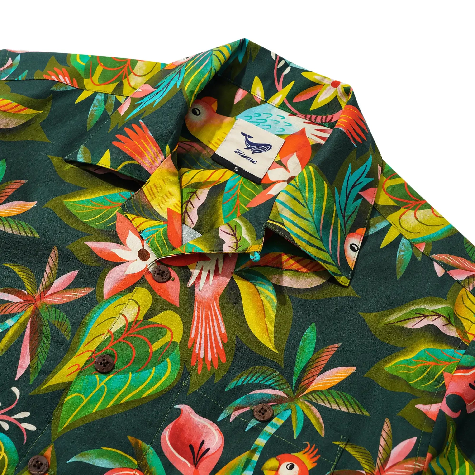 Men's Hawaiian Shirt Short Sleeve Camp Collar 100% Cotton Green Aloha Parrots In The Jungle By Uta Krogmann