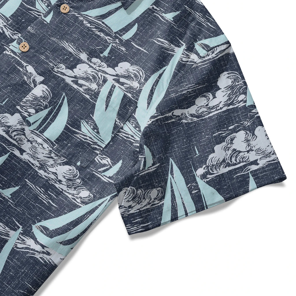 LeosWare® Sailboat Men's Hawaiian Shirt Short Sleeve Button-up 100% Cotton Blue Aloha Sailing To The Horizon By Ann