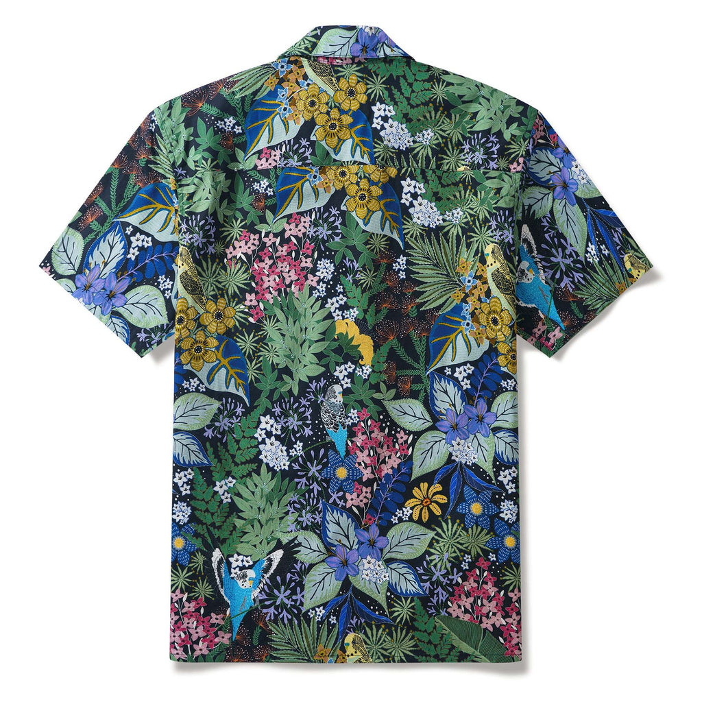 Yiume Tropical Hawaiian Shirt For Men 100% Cotton Short Sleeve Green Camp Collar Parrot Aloha Shirt Parrot's Garden By Zeke
