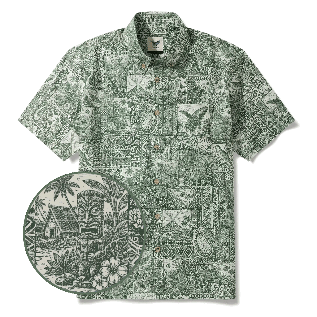 Men's Hawaiian Shirt Short Sleeve Button-down 100% Cotton Green Aloha Tiki Isle Archive - Sage green By Cigar