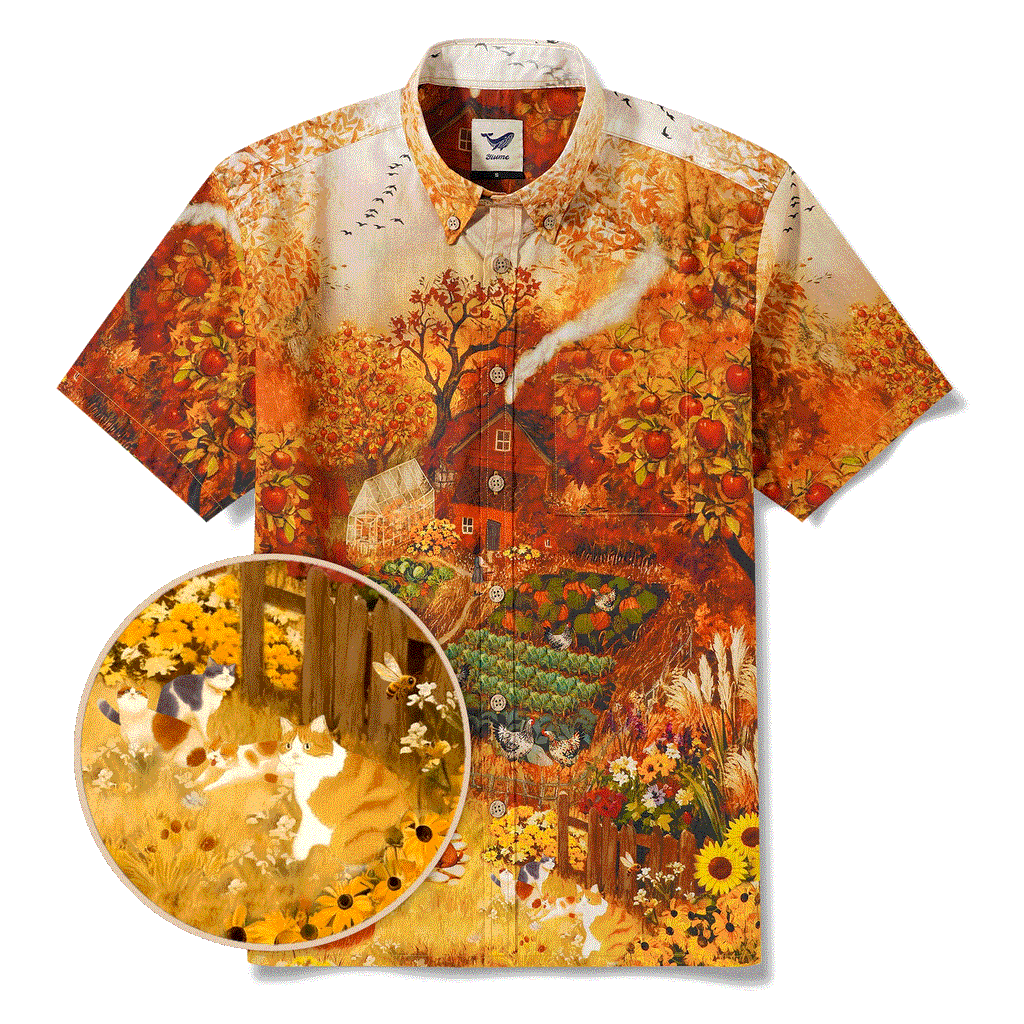 Chemise Hawaiian pour Homme à Manches Courtes Boutonnée 100% Coton Jaune Aloha Charme d'Automne Campagne Chute Pomme Chat Chien Jardin Campagne Récolte Par Huan huan