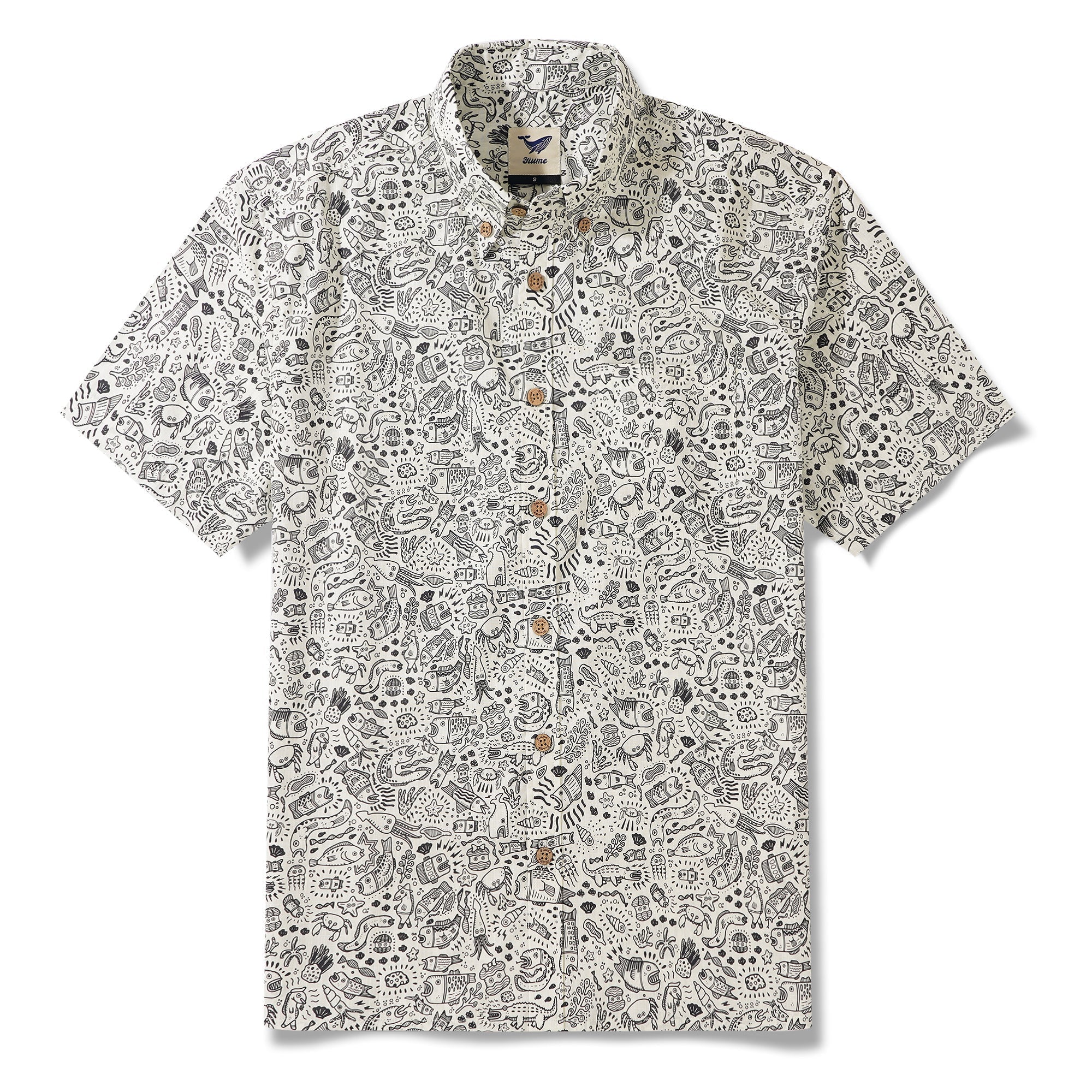 Men's Hawaiian Shirt Short Sleeve Button-down 100% Cotton Beige Aloha Undersea Party By Erwin Ong