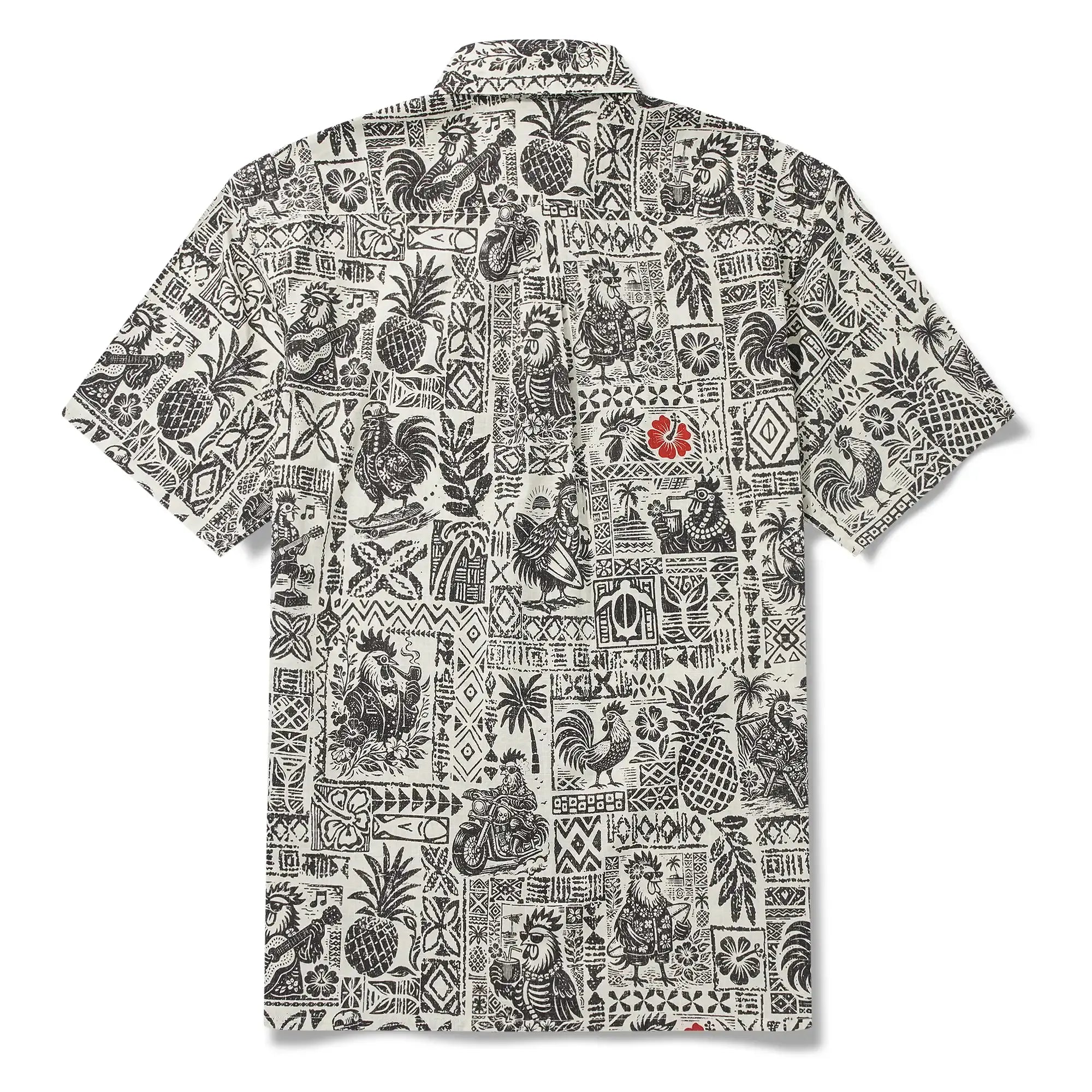 Men's Hawaiian Shirt Short Sleeve Button-down 100% Cotton Black Rooster Aloha The Bone Voyage By Cigar